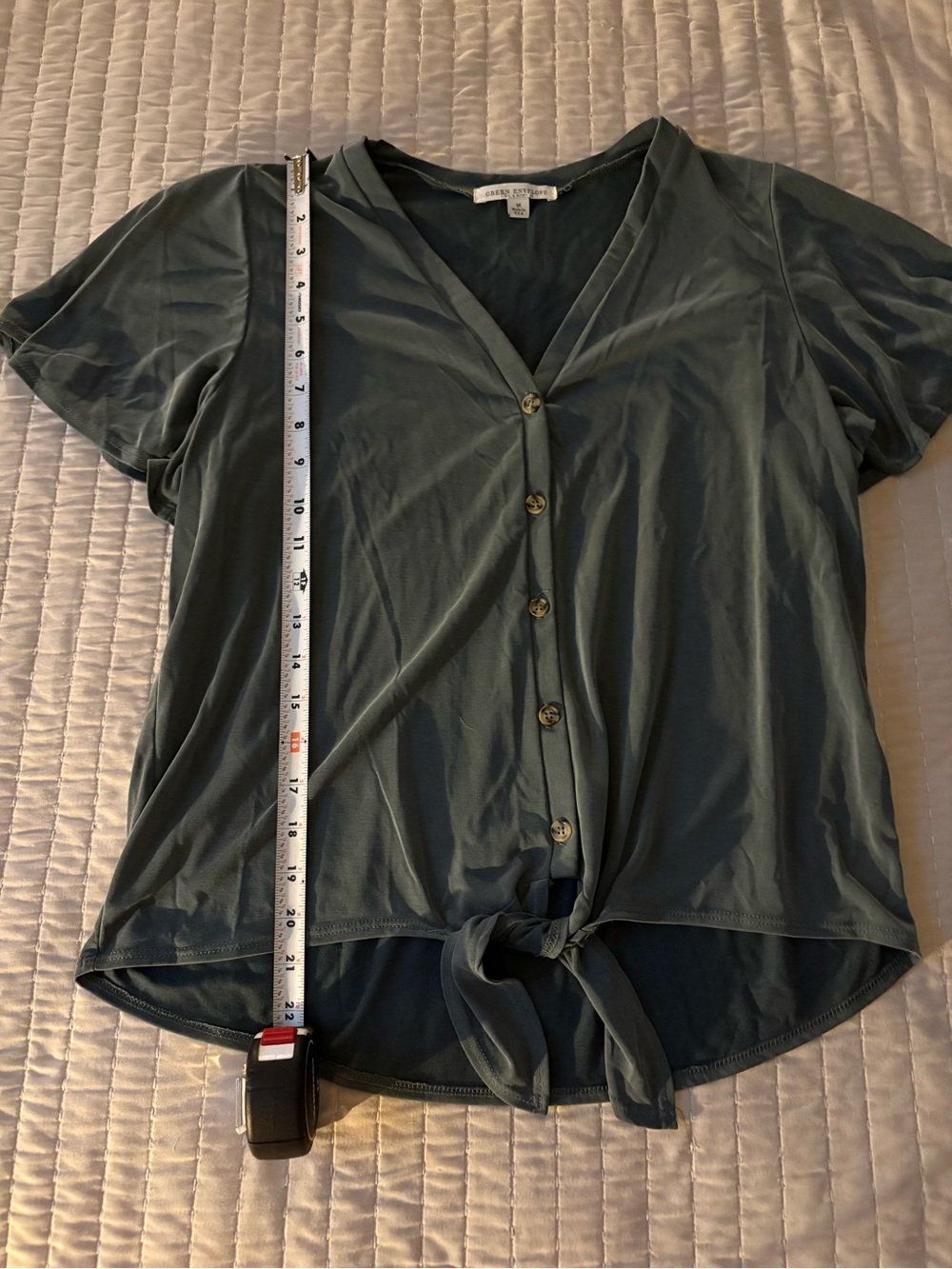 Green Envelope Light Green Tie-Front Button V-Neck Top - Picture 4 of 5